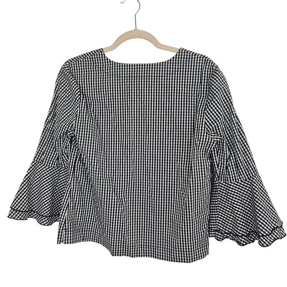 White House Black Market Blouse Gingham Blouse Bell Sleeve Blouse 6 Black White - Picture 8 of 8